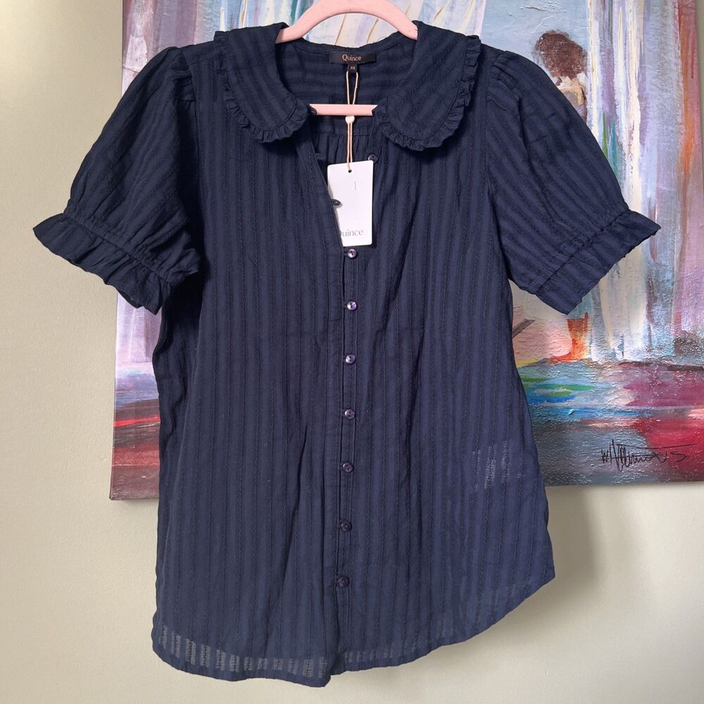 Quince Women's Blue Short Sleeve Blouse Size XS Organic Cotton NWT